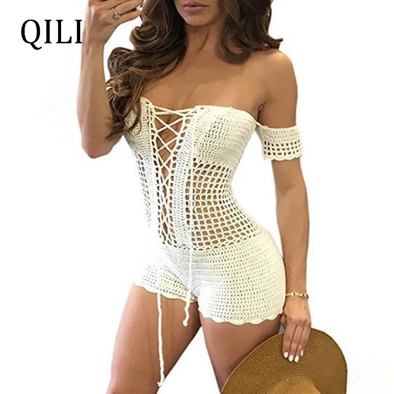 

QILI Sexy Off The Shoulder White Black Women Rompers Hollow Out Lace Up Knitted Cotton Play suits Women Short Jumpsuit Rompers