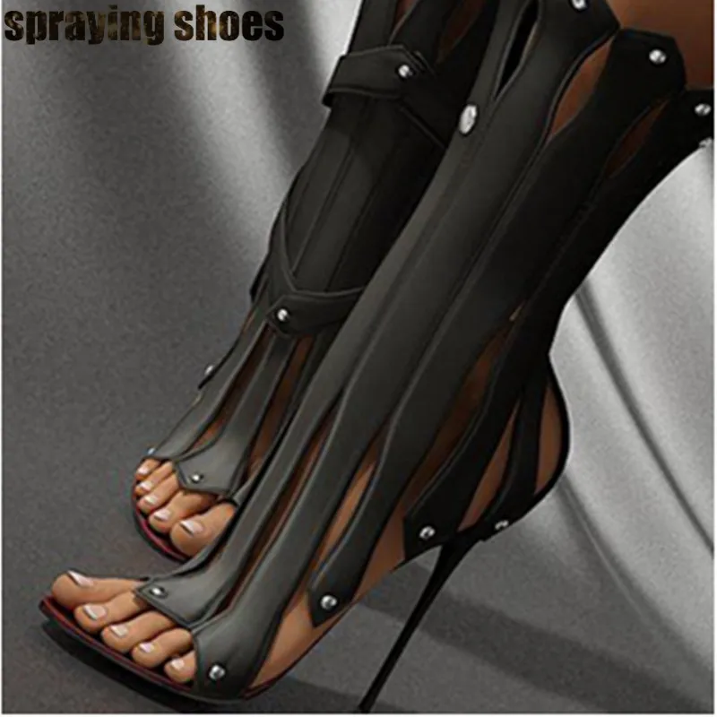 

Sexy Open Toe Women High Heel Sandals Boots Cutout Black Leather Rivets Studded Ladies Summer Pumps Stiletto Ankle Boots Woman