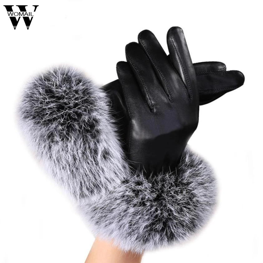 

2017 Gloves high quality Winter Warm Black Leather Gloves Rabbit Fur Mittens Oct17