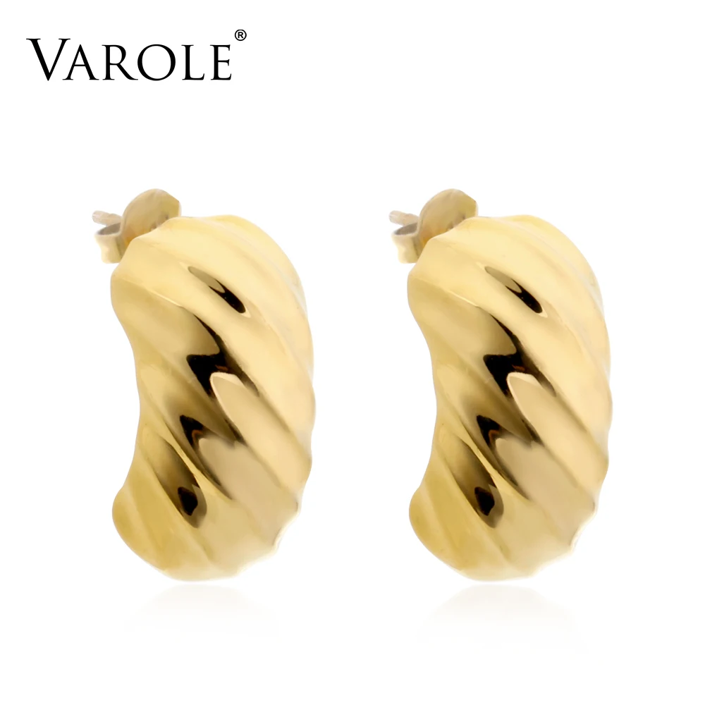 VAROLE Threaded Stainless Steel Hoop Earrings Gold Silver Color Circle Drop For Women Earings Jewelry Brincos | Украшения и
