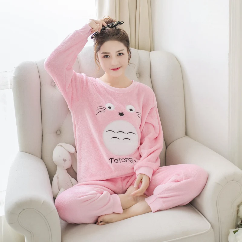 

2 PIECE Cute top + long pants Pajama Set Nightwear Pijama Home Wear women loungewear lingerie Flannel Winter Warm Pyjama pink