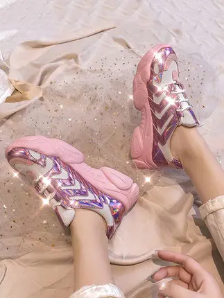 

Hot Women Casual Shoes Cross -Tied Lace Up Platform Round Toe Leisure Thick Soled Retro Dad Shoes Ins Ulzzang Sneaker Flats