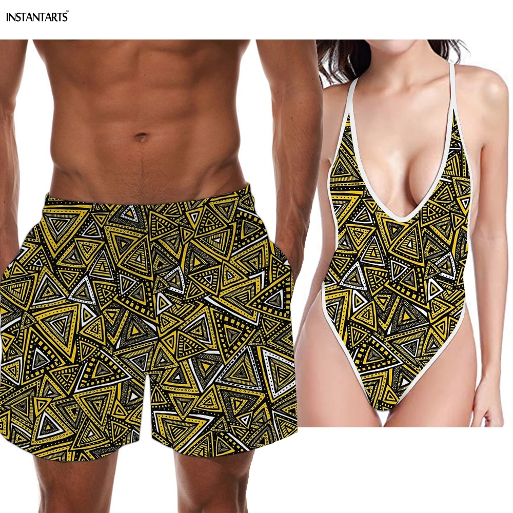 INSTANTARTS Retro Tribal Triangles Pattern Summer Couples Swimwear High Cut Women Monokini Men Swimming Trunks Bathing Beachwear | Спорт и