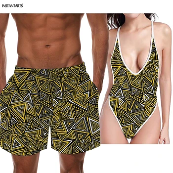 

INSTANTARTS Retro Tribal Triangles Pattern Summer Couples Swimwear High Cut Women Monokini Men Swimming Trunks Bathing Beachwear