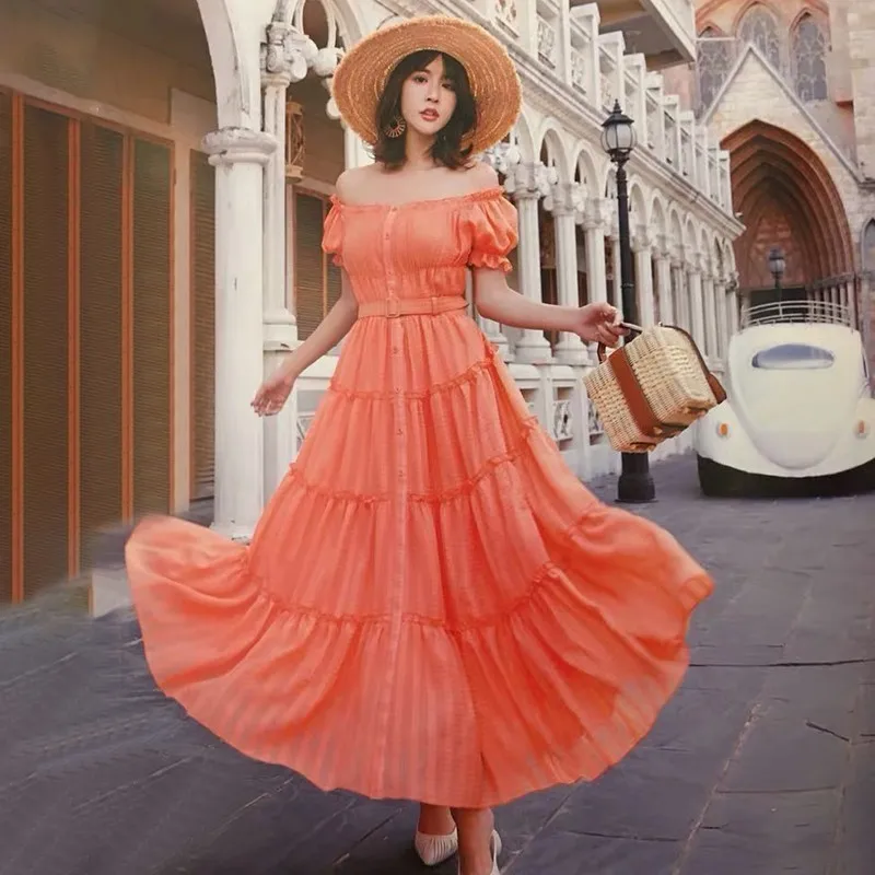 Orange TWOTWINSTYLE, элегантное платье с открытыми плечами для женщин, с вырезом лодочкой, с пышными рукавами, с высокой талией, с поясом, миди, платья для вечеринок, женские - Цвет: Orange