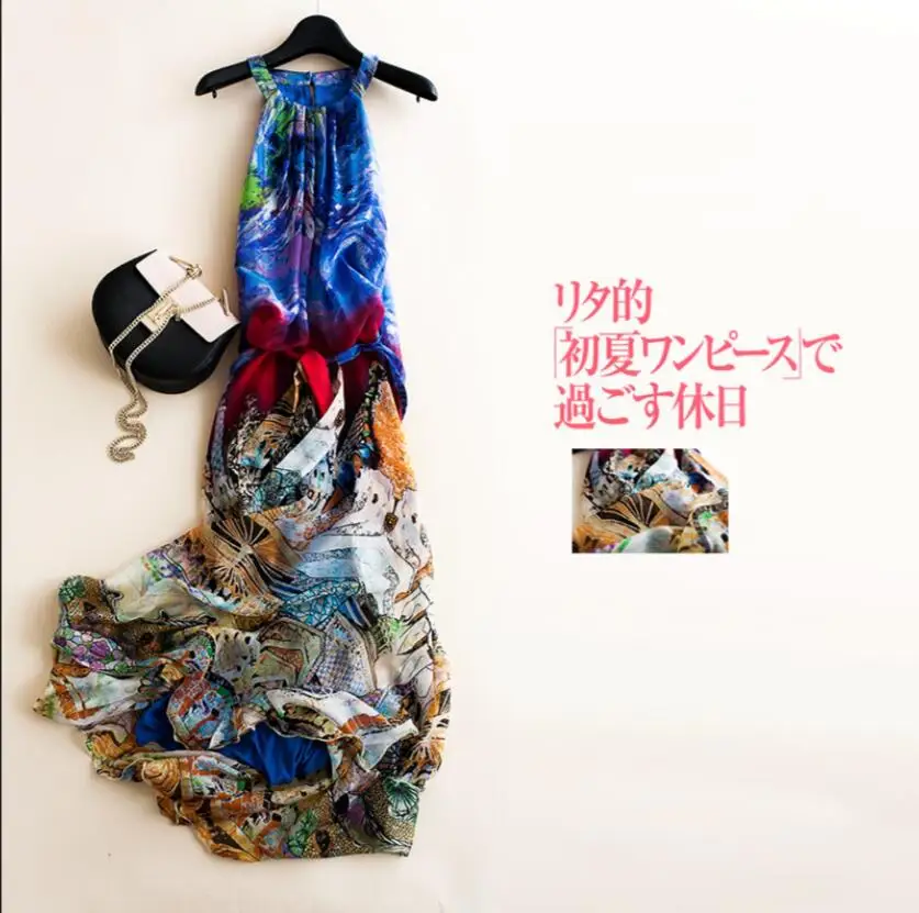 

New Summer Beach Dress 100%Silk Women Flowing Blue Long dress Elegant Natural Fabric High Quality Hot Selling Free Shipping