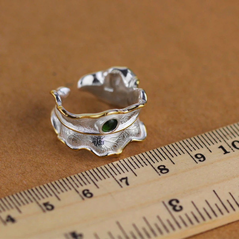 Lotus Fun Sterling Silver 925 Ring for Women 2017 Unique Green Tourmaline Twist Leaf Open Cuff Resizable Ring Band Fine Jewelry