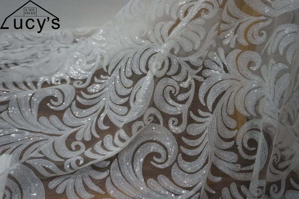 Новое поступление, африканская белая кружевная ткань с блестками, повторяющийся узор в виде листьев, Блестящий тюль с блестками, ткань для свадебного платья, свадебное платье