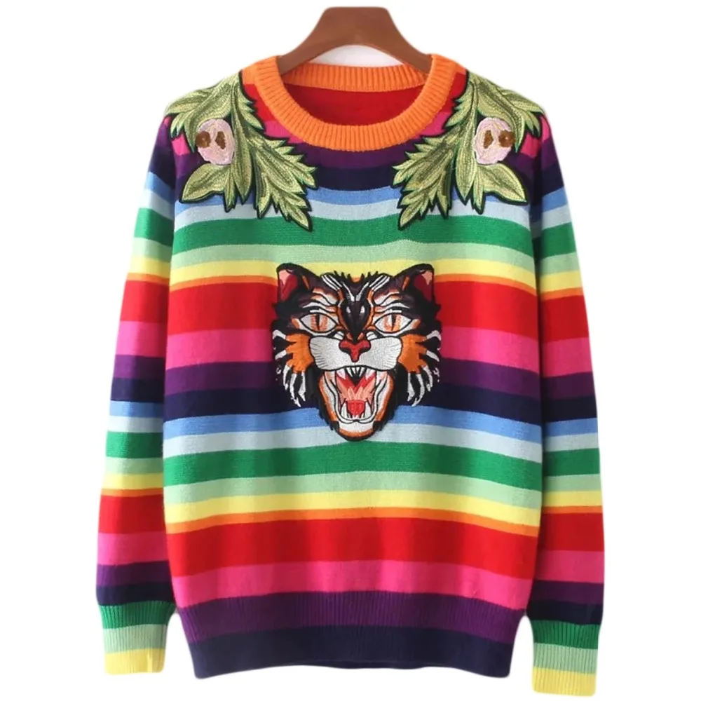 

Women Sweater Rainbow Striped Unisex Runway Floral Embroidery Tiger Wool Pullovers Knitted Sweaters Letters Pull Femme Men Tops