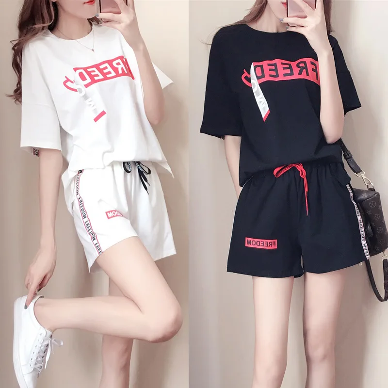 

Two Pieces Set Women Casual Printed Letters Street Wear Summer T-shirt Short Pants Comfortable Tracksuit Rompers Sportsuit