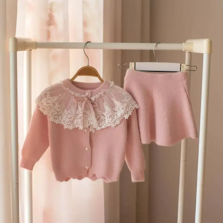 

2019 New Children Baby Sweet Knitting Sweater Sets, Lace Sweater+Skirts 5 sets/lot, Wholesale