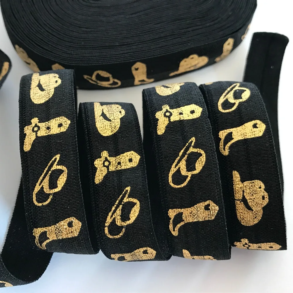 10Yards 5/8" Cowboy Boot Hat Print 5 Colors Fold Over Elastic FOE Ribbon for Hair Tie DIY Headwear Hair Accessory