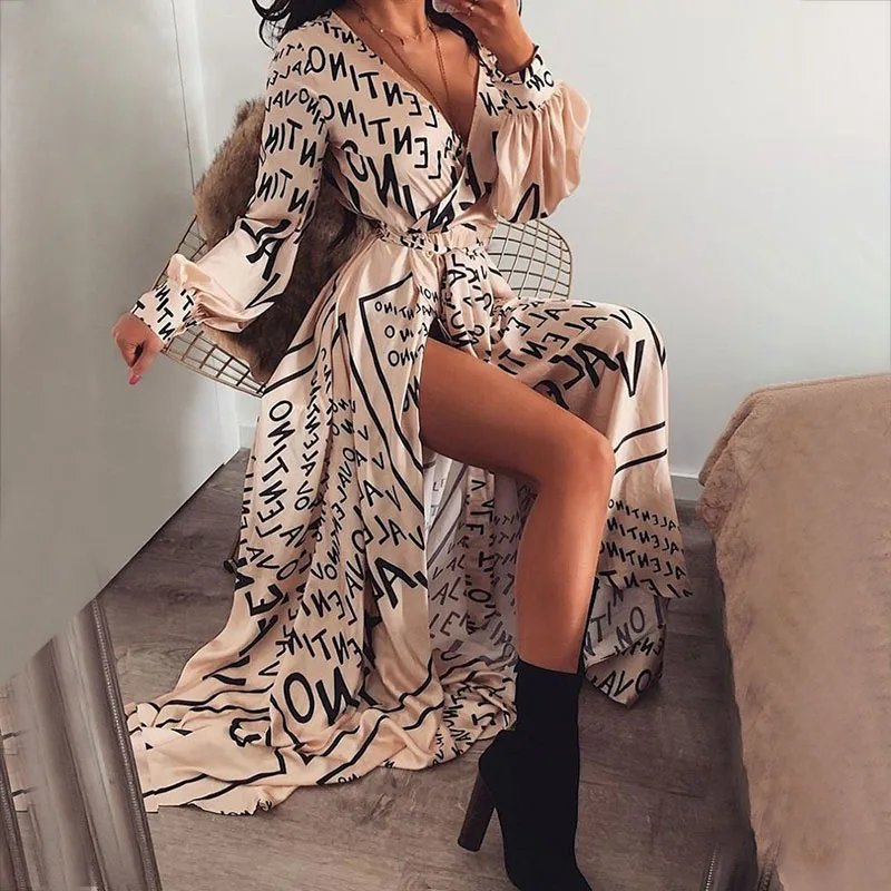 

Newly Women V-Neck Letter Printed Long Party Beach Sexy Fork Opening Printed Dress DOD886