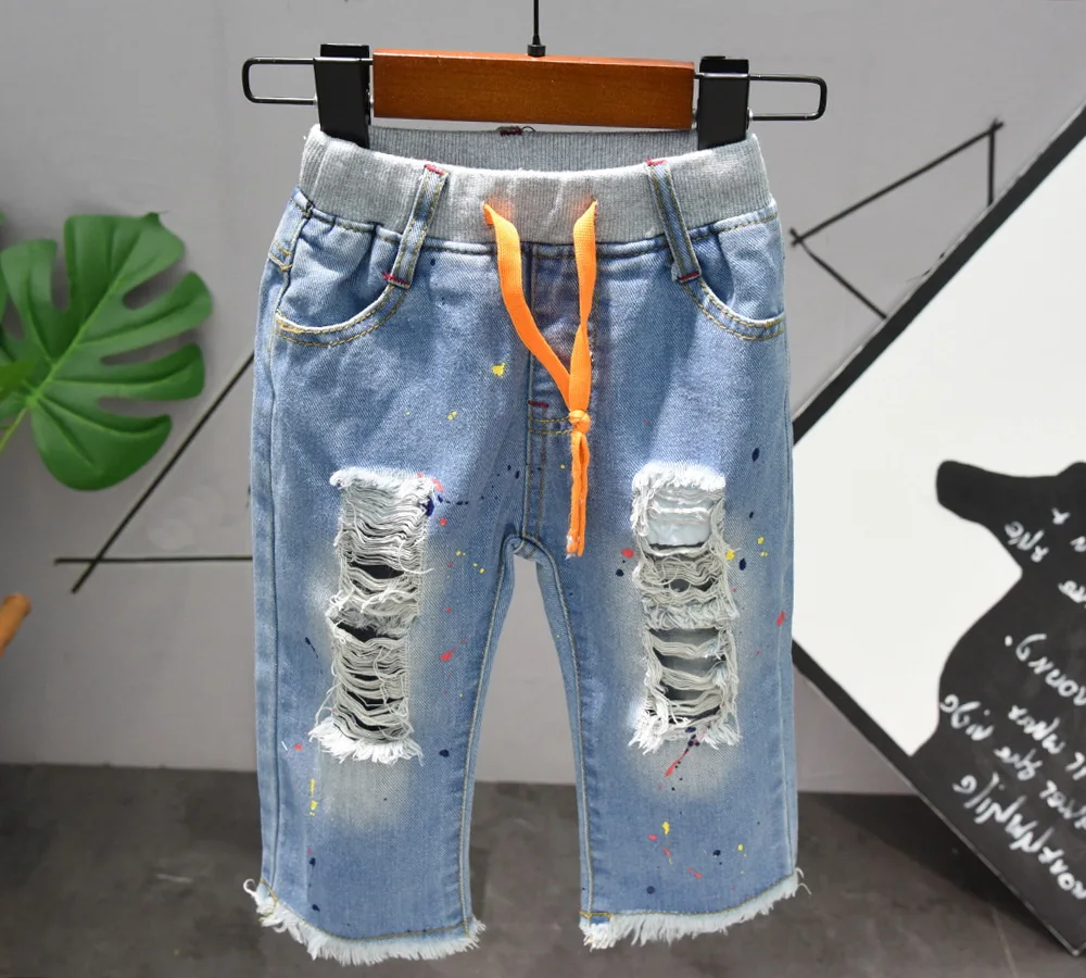 Новые джинсовые шорты для мальчиков повседневные рваные детские шорты летние детские шорты с эластичной резинкой на талии и карманами для мальчиков
