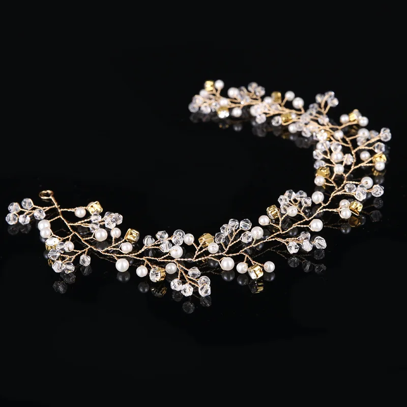 European Style Gold Bridal Handmade Pearl Hairband Hair Jewelry Elegant Crystal Bride Tiara