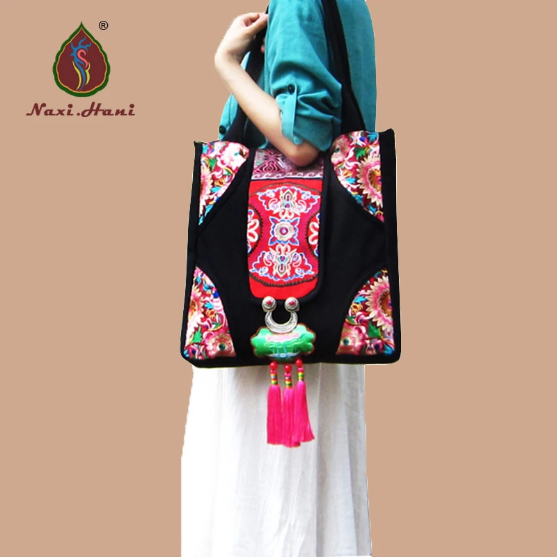 Black Canvas Embroidered Ethnic Bags Vintage Fashion Large Casual Women