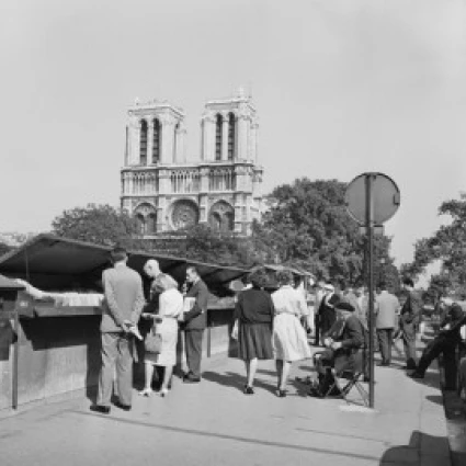 France  Paris  Book stalls along Seine  Notre Dame Cathedral in background Poster Print (18 x 24)