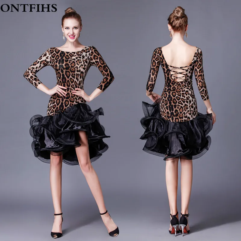 Leopard print Latin Dance Dress Performance competition clothing Adult