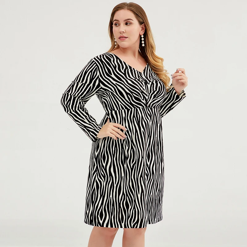 Buykud Women Summer Elegant V-Neck Long Sleeve Loose Party Vestidos Casual Dress  Zebra-Striped Plus Size Women Clothes (8)