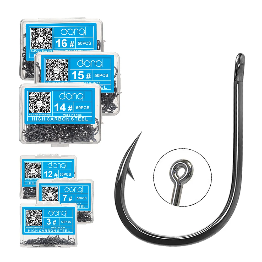 DONQL 50 pcs عالية الكربون الصلب الصيد السنانير مجموعة الشائكة واحدة دائرة الكارب هوك البحر Fishinhook يطير الصيد الاكسسوارات تعالج