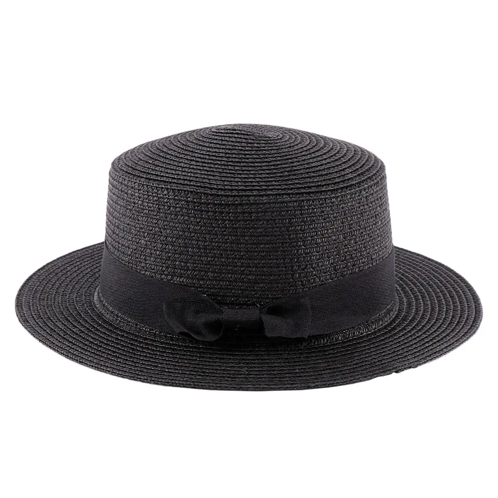 Женская летняя шляпа пляжная соломенная шляпа Панама женская кепка модная ручная работа Повседневная Плоский бант края шляпы от солнца для женщин - Цвет: Черный