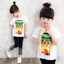 2016 summer girls child casual all-match T-shirts cartoon cat print o-neck pullover short-sleeve t-shirt girl top