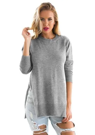 HZOIOYS размера плюс осеннее женское платье с длинным рукавом О-образным вырезом с Боковым Разрезом вязаный пуловер Повседневный длинный Однотонный женский свитер-туника - Цвет: Gray