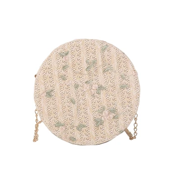 

Bohemia Beach Rattan Bag Women Floral Print Chain Woven Messenger Shoulder Bag Small Round Straw Bag