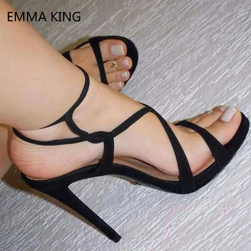 

New Black Suede Women Sandals Multi Straps Sexy Thin Heels 10 12cm Blue Open Toe Solid Concise Jeans Dress Party Shoes Woman