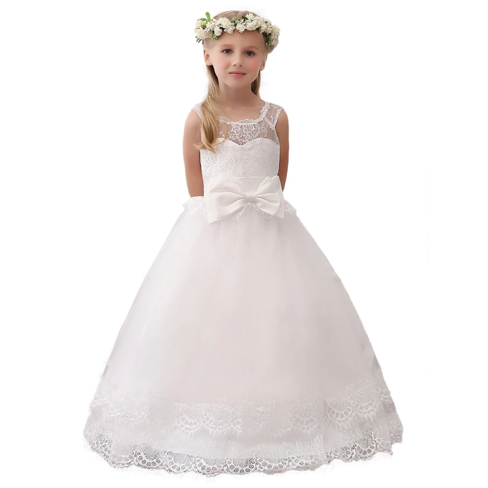 Flower Girl Dresses Ankle Length Flowers Lace Up Bow Sash Ball Gown Pageant Dresses for Little Girls Vintage Communion Dresses