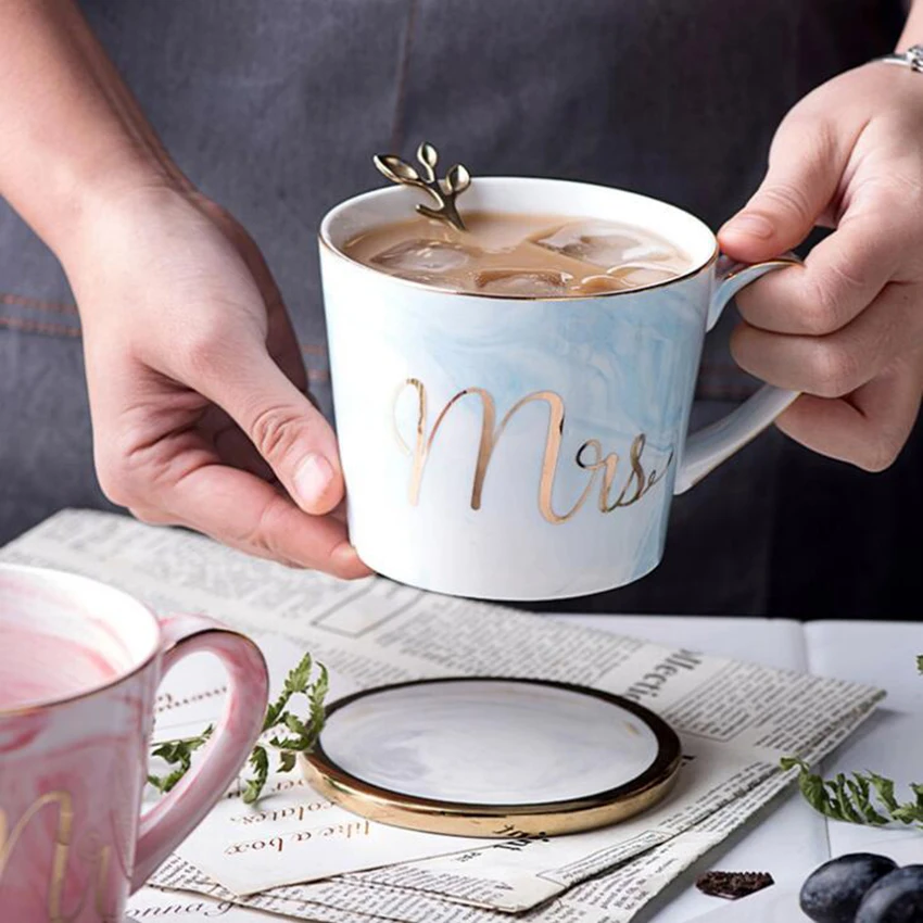 

360ml Handpainted Gold Monogram Natural Marble Porcelain Coffee Mug Mr and Mrs Tea Milk Cups and Mugs Wedding Gift with logo