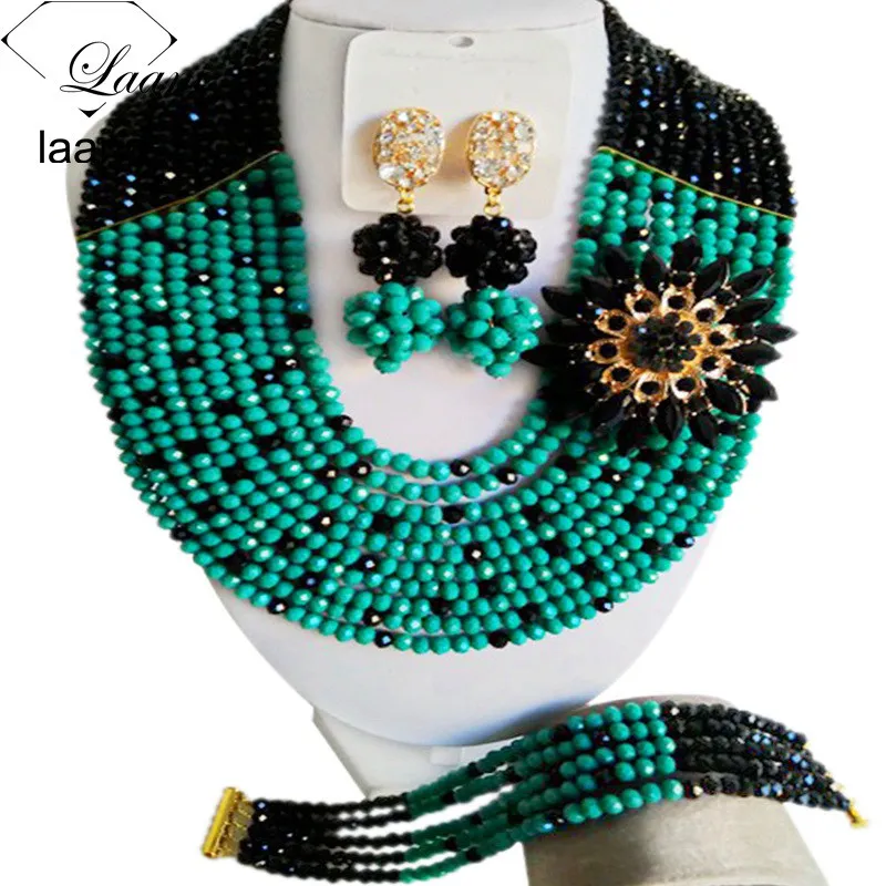 

Laanc Black and Cyan Green Nigerian Beaded Jewelry Set for Women African Fashion Beads Necklace and Earrings C10SZ027