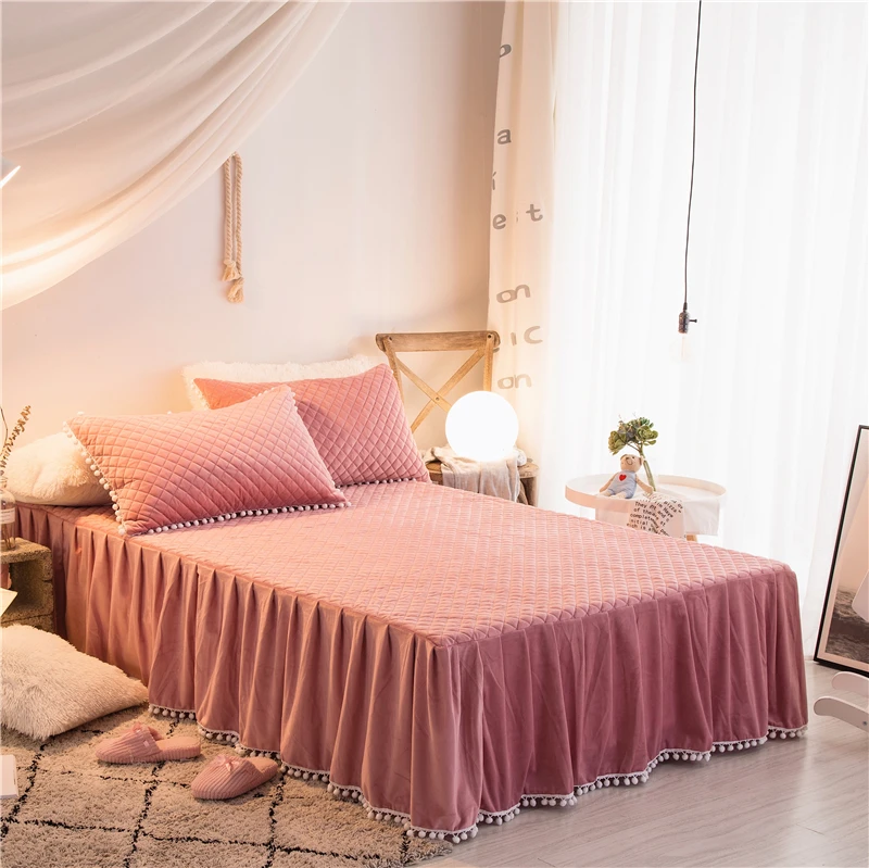 Серый, розовый, красный, белый, фиолетовый комплект постельного белья из флисовой ткани для девочек-принцесс, Комплект постельного белья, норковый бархатный пододеяльник, плотная кровать, юбка, наволочки