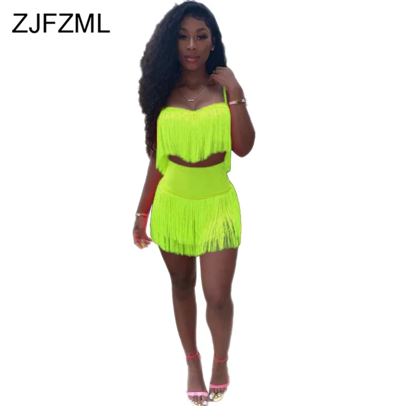 

Spaghetti Strap Sexy 2 Piece Set Dress Women Tassel Spliced Backless Bodycon Mini Dress Summer Neon Color High Waist Beach Dress