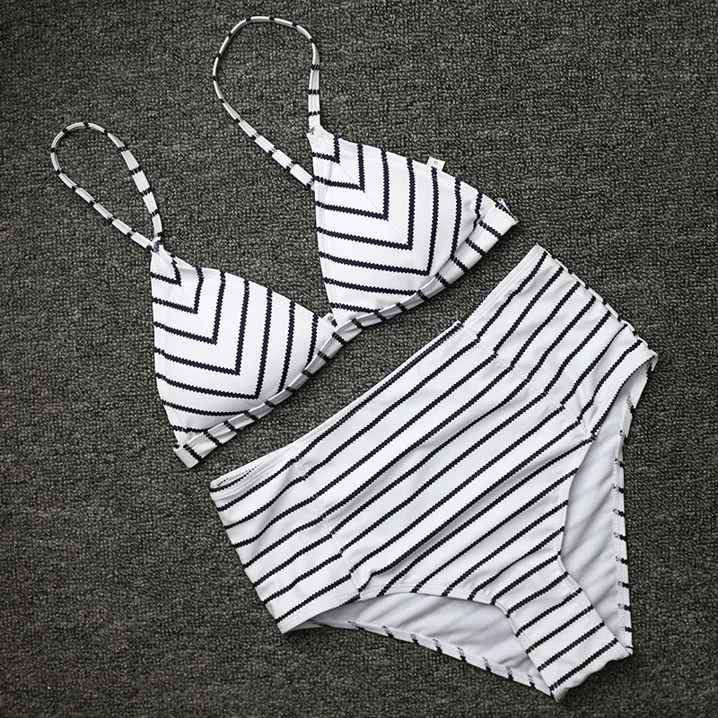 Günstig PLAVKY 2020 Sexy Retro Weiß Schwarz Gestreiften Welligkeit Biquini Schwimmen Badeanzug Hohe Taille Badeanzug Bademode Frauen Push Up Bikini