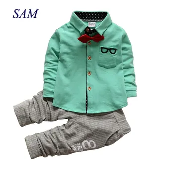 

2019 Korean Baby Boy girls Clothing Sets children Bow tie T-shirts glasses cartoon+ pants kids cotton cardigan two piece suit