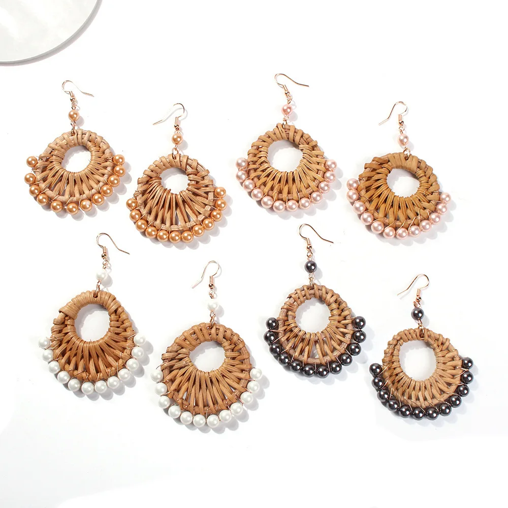 

JOUVAL Ethnic Bohemian Women Summer Drop Earrings Rattan Knit Simulated Pearl Bead Handmade Round Geometric Long Dangle Earring