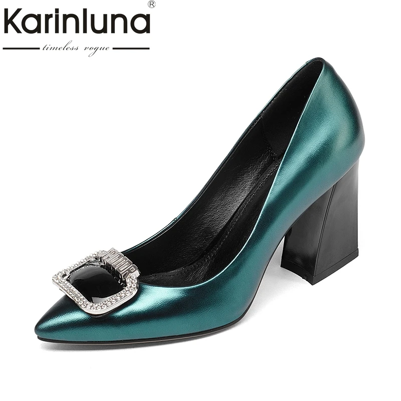 

KarinLuna 2018 Genuine Leather Size 34-39 Hoof High Heels Pointed Toe Slip On Shoes Woman Pumps Party Wedding Pumps