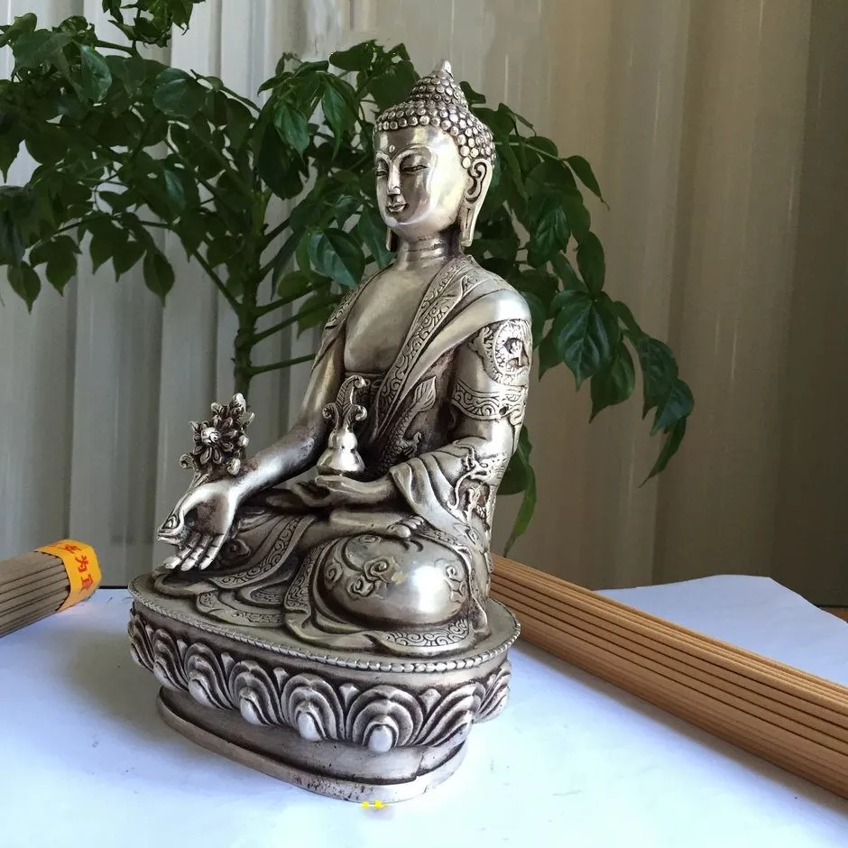 Китайский серебряный буддизм Прекрасный Дракон по Санг Будда лотоса сидение скульптура Медицина статуя Будды