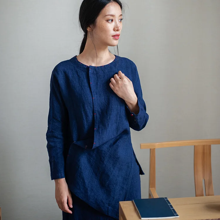 

Autumn New Original Chinese Style Women's O-Neck Retro Cotton Linen Long Sleeve Shirt Navy Blue