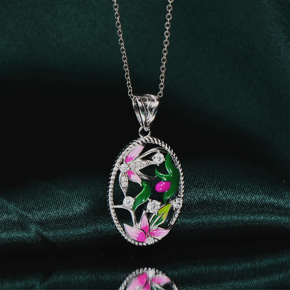 

RainMarch Lotus Flower Enamel Silver Pendant For Women Necklace 925 Sterling Silver Necklace Pendant CZ Stone Party Jewelry
