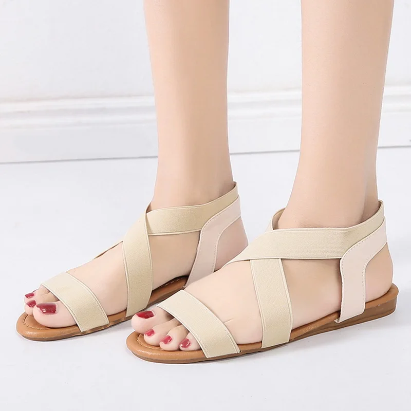 

Drop Shipping WENYUJH 2019 Fashion Summer New Women Shoes Fish Mouth Sandals Solid Color Elastic Band Flat Shoes Roman Sandals