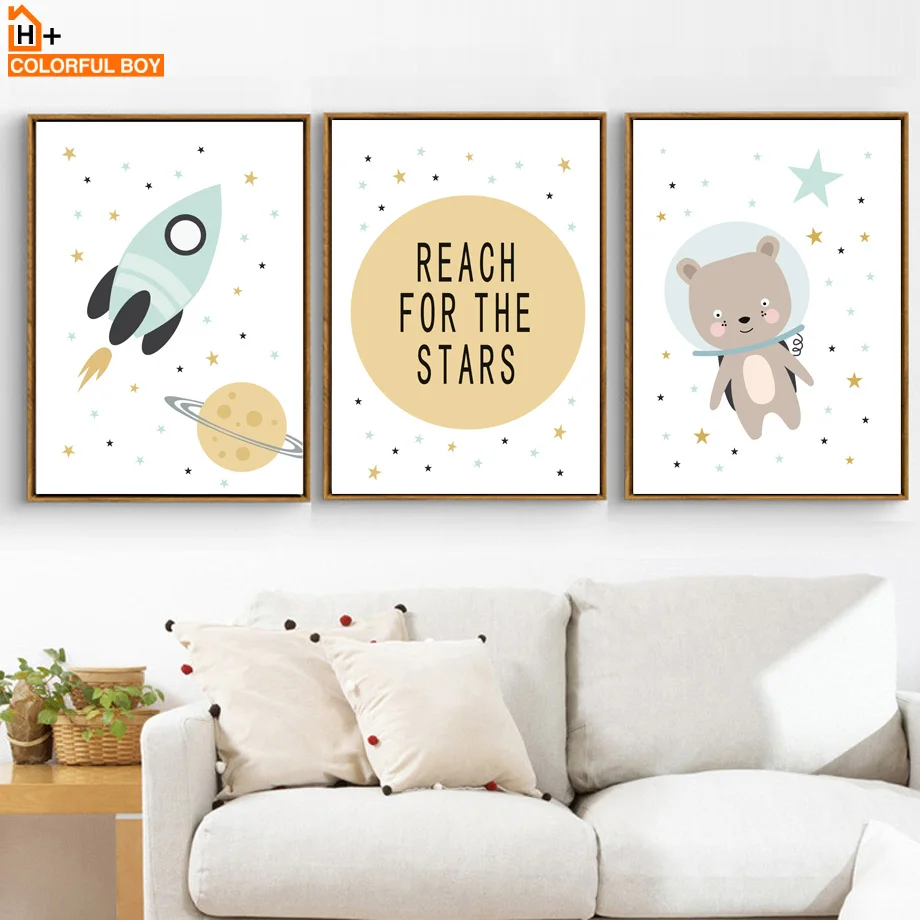 

Bear Rocket Planet Reach Quotes Wall Art Canvas Painting Nordic Posters And Prints Cartoon Wall Pictures Baby Kids Room Decor