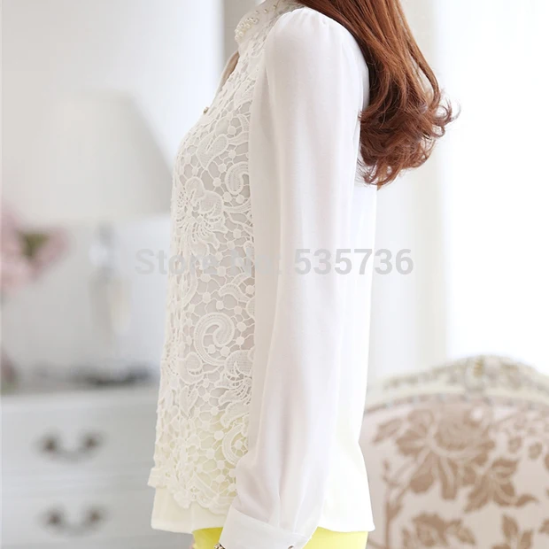 Модная Высококачественная Кружевная блуза шифоновая блуза с бусинами женская рубашка с длинным рукавом рубашка шифоновая Плюс Размер Женская одежда 60B6