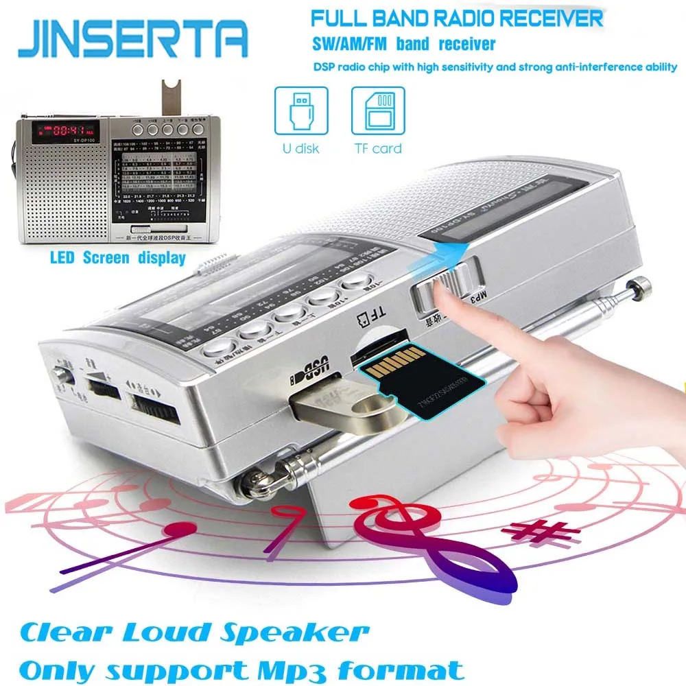 

JINSERTA Portable FM AM SW Radio Full Band DSP Receiver Music Player with 3.5mm Headphone Jack LED Display Support USB TF Card