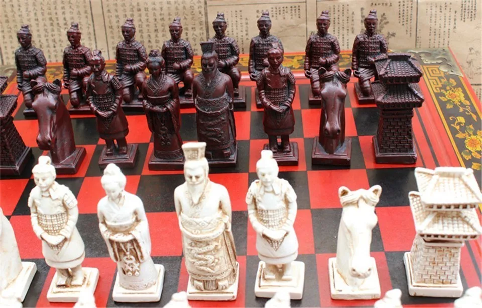 Новые деревянные шахматы, китайские ретро, терракотовые воины, шахматы по дереву, старая резьба, смола, шахматы большого размера, шахматы Премиум Yernea