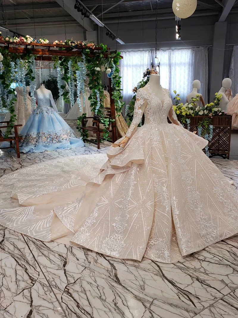HTL433 long sleeves lace wedding dresses with train v-neck open back puffy ruffle wedding gowns heavy handwork robe de mariee (13)