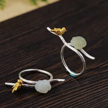 

Real Pure 925 Sterling Silver Rings For Women Handmade Bird on Branch Natural Jade Adjustable Fine Jewelry Bijoux Femme
