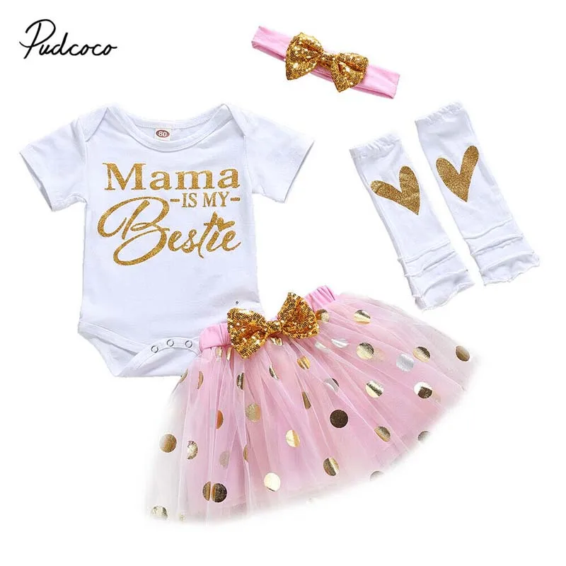 

2019 Brand Baby Girl Clothes First 1st Mothers Day Outfits Romper+Mesh Tutu Skirts Headaband Sequins 5Pcs Cute Summer Set