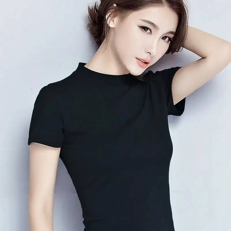 

95% Cotton Women T-shirt Turtleneck Short Sleeve women shirt All match Lady Top Black White